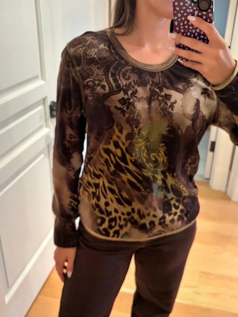 Luisa Cerano Long Sleeve Printed Shirt in Brown & Green Like New